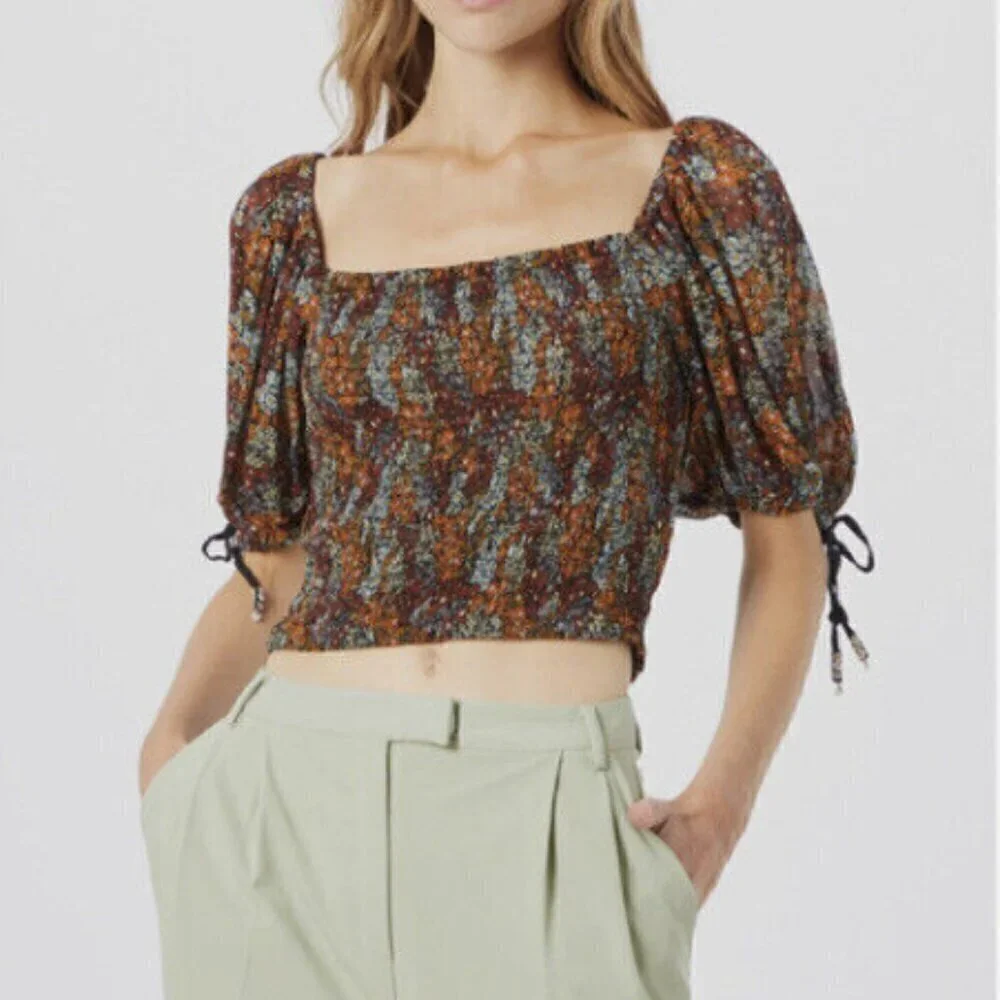 Free People Square Neck Smocked Puff Sleeve Floral Crop Top In Dark Combo Lr NWT
